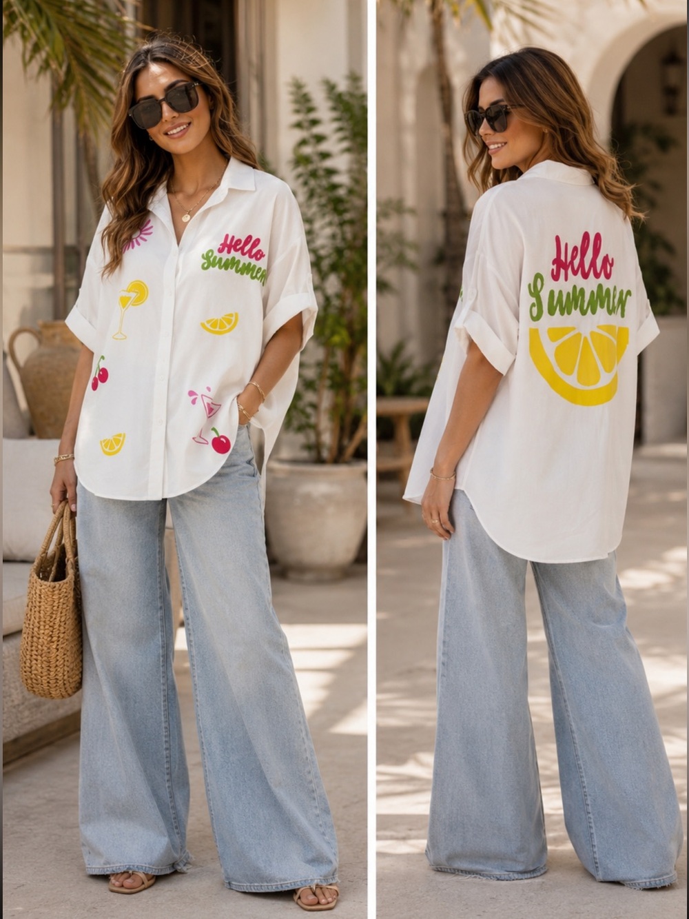 MADE IN ITALY White "Hello Summer" Button-Up Shirt with Colorful Fruit Prints